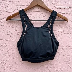 Athleta Black Strappy Bikini Top Sports Bra High Neck Size 32D/DD